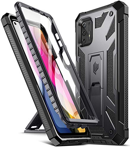 Poetic Spartan Series Designed for Moto G Stylus (2021) Case, Full-Body Rugged Shockproof Protective Cover with [Premium Leather Texture], Kickstand and Built-in Screen Protector, Metallic Gun Metal