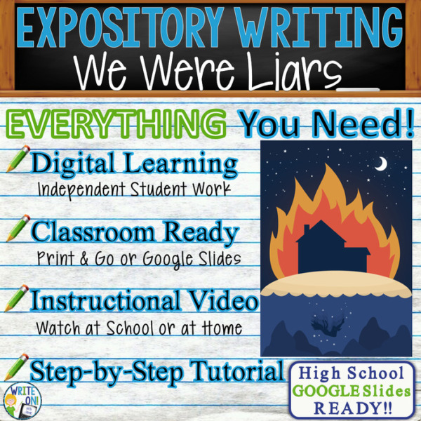 Text Analysis Expository Writing for We Were Liars by E. Lockhart | Distance Learning, Remote Learning, In Class, Instructional Video, PPT, Worksheets, Rubric, Graphic Organizer, Google Slides