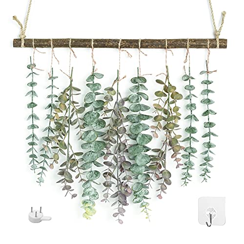 Artificial Eucalyptus Greenery Hanging Wall Decor Artificial Eucalyptus Vines Wall Hanging Plants with Wooden Stick Farmhouse Rustic Boho Wall Decor for Bedroom, Living Room, Entryway and Bathroom