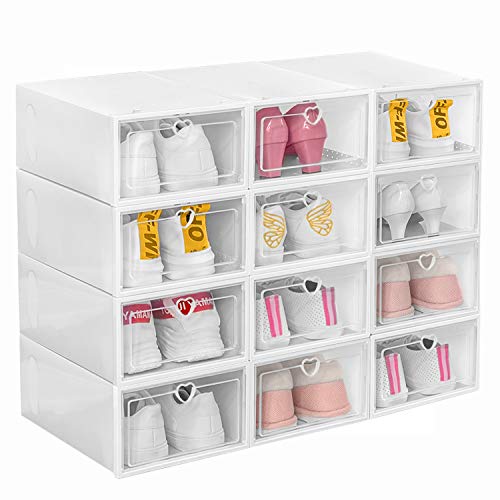 12 Pack Stackable Shoe Boxes Plastic Storage Bins, Sneaker Container with Clear Lids, Closet Organizer by Hommtina (White)
