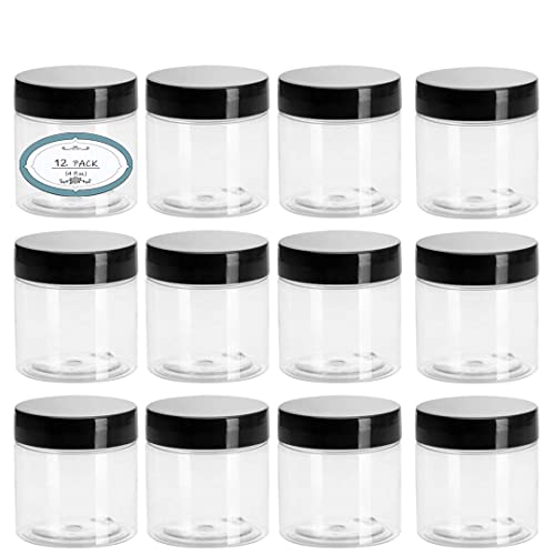 12 Pack 4 oz Plastic Jars with Lids and Labels Clear Plastic Empty Cosmetic Containers for Body Butter, Lotion, Creams, Scrubs, Beauty Products and Slime