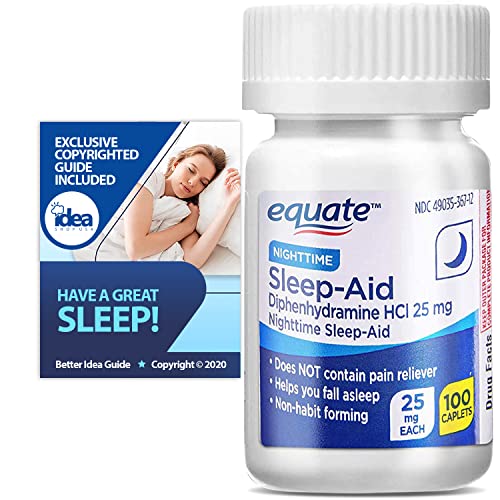 Equate Nighttime Sleep Aid Diphenhydramine HCl Caplets, 25 mg, 100 Ct Bundle with Exclusive “Have a Great Sleep” – Better Idea Guide (2 Items)
