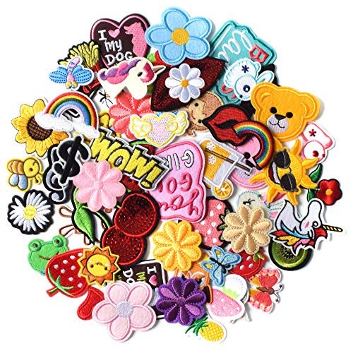 AXEN 60PCS Embroidered Iron On Patches DIY Accessories, Random Assorted Decorative Patches, Cute Sewing Applique for Jackets, Hats, Backpacks, Jeans, 60 Pieces Package