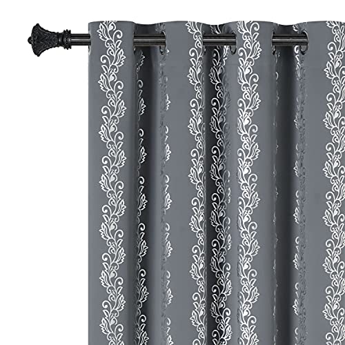 Estelar Textiler Grey Blackout Curtains 84 Inches Long for Living Room Sunlight Blocking Drapes with Silver Wave Floral Pattern for Dining Room, 52Wx84L, 2 Panels