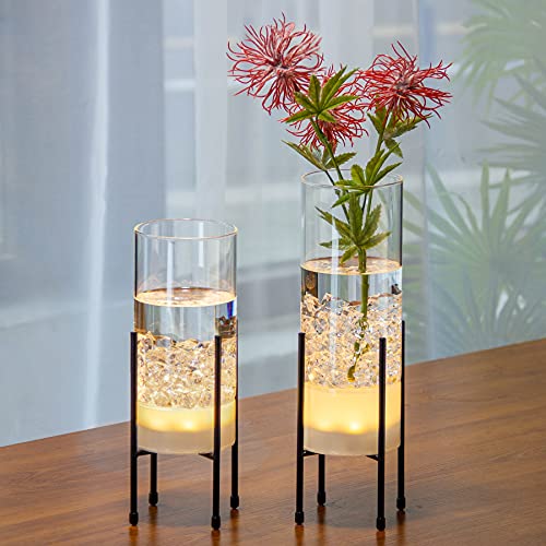 Flower Vase for Decor, Glass Table Vase Set for Flowers Plants , Clear Vase with Black Stand, Modern Decorative with Timer LED Lights Battery Operated ,Centerpiece/Wedding/Party(Set of 2)