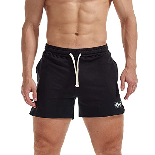 AIMPACT Mens Gym Bodybuilding Shorts 5 Inseam Drawstring Gym Cotton Shorts with Pockets(BlackL(3XL)