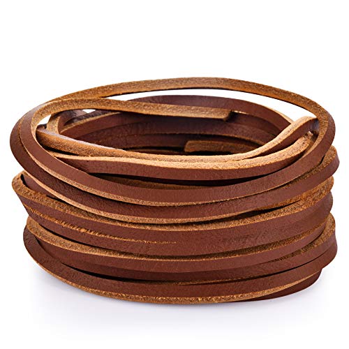 TeeLiy 3MM Flat Genuine Leather Cord – Natural Leather Lacing – Strip Cord Braiding String for Jewelry Making Shoe Lace Braided Bracelets Necklaces Handbags Knife Sheaths Brown (5Yards)