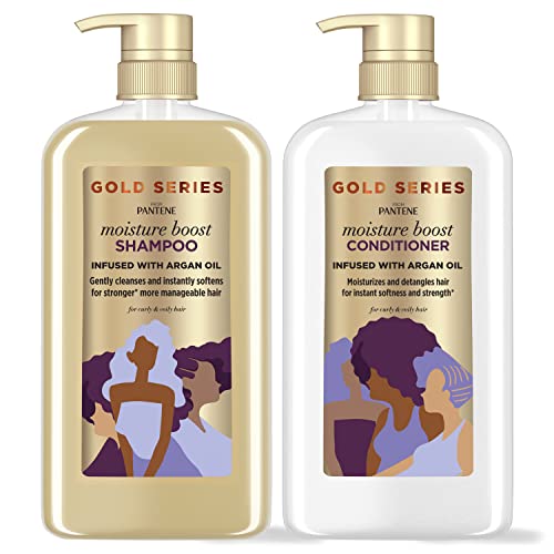 Pantene Gold Series Shampoo & Conditioner Moisture Boost with Argan Oil, for Natural, Coily, and Curly Hair, 29.2 Oz Each
