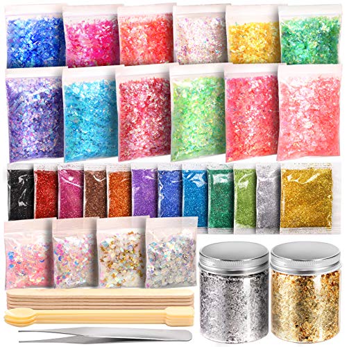 41PCS Resin Supplies Kit, LEOBRO Extra Fine Glitter for Resin, Resin Glitter Flakes Sequins, Foil Flakes, Mixing Stick &Tweezers, Craft Glitter for Resin Crafts, Nail Art, Jewelry Tumbler Making