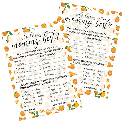 Who Knows Mommy Best Game Cards – Little Cutie Orange Baby Shower -20 count