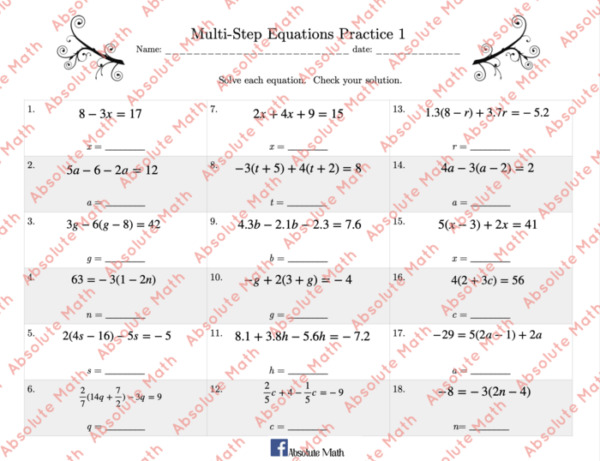Multi Step Equations Practice 1