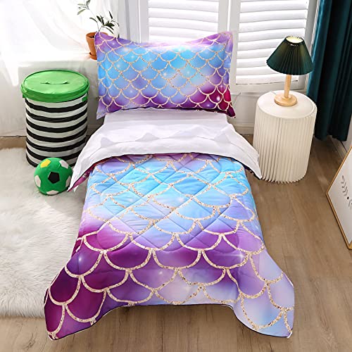 Wowelife 4 Piece Mermaid Scale Toddler Comforter Set with Comforter, Flat Sheet, Fitted Sheet and Reversible Pillowcase, Purple, Pink and Blue(Purple Mermaid)