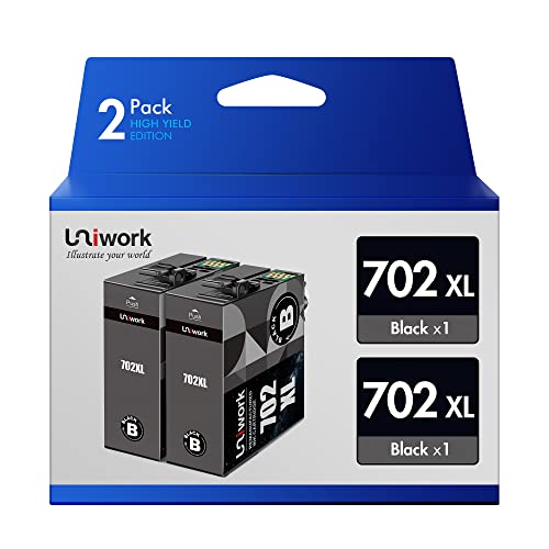 Uniwork Remanufactured 702XL 702 Ink Cartridge Replacement for Epson 702XL 702 XL T702XL T702 High Yield to use with Workforce Pro WF-3720 WF-3730 WF-3733 Printer tray (2 Black)