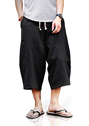 TOTNMC Mens Yoga Pants Baggy Harem 3/4 Capri Pants Loose Fit Linen Trousers Black