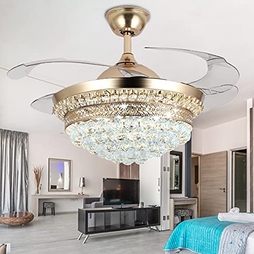 Panghuhu88 42″ Invisible Ceiling Fan Chandelier with Light,Modern Crystal Ceiling Fan Light Remote Control 4 Retractable ABS Blades for Bedroom Living Dining Room Decoration (Golden)