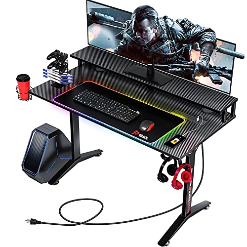 SEVEN WARRIOR Gaming Desk 40INCH with RGB Mouse Pad & Power Outlet, Carbon Fiber Surface Gamer Desk with Monitor Stand, Ergonomic Y Shaped Gamer Table with Cup Holder, Headphone Hook, Outlet Organizer