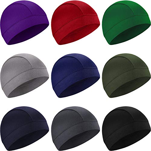 SATINIOR 9 Pieces Cooling Skull Caps Helmet Liner Beanie Cap Sweat Wicking Cycling Hat for Men and Women, 9 Colors (Dark Colors)