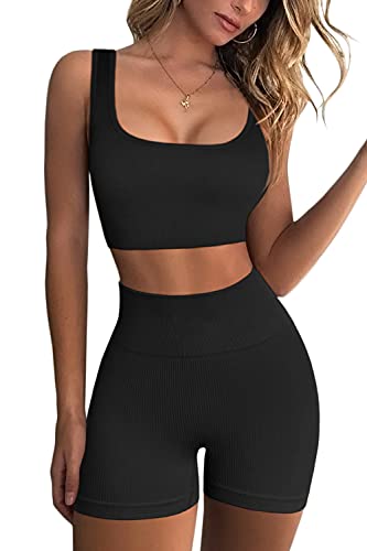 QINSEN Yoga Outfits for Women 2 Piece Set,Sexy Low Square Neck Stretchy Sport Bra Booty Short Black S