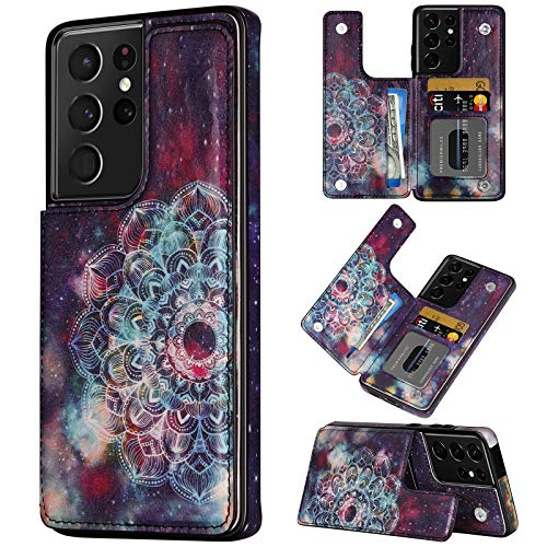Coolden Designed for Samsung Galaxy S21 Ultra 5G 6.8 inch Case Credit Card Holder Luxury PU Leather Stylish Mandala Dual Layer Heavy Duty Protective Back Flip Wallet Cover Purple