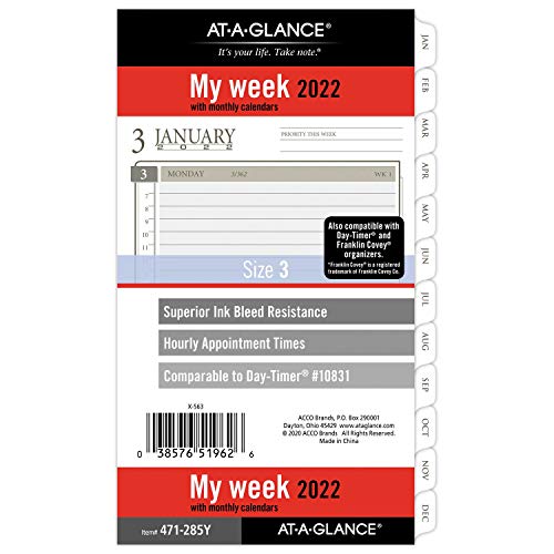 2022 Weekly & Monthly Planner Refill by AT-A-GLANCE, 10831 DAY-TIMER, 3-3/4″ x 6-3/4″, Size 3, Portable Size, Loose-Leaf (471-285Y)