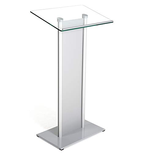 M&T Displays Tempered Clear Glass Podium with Aluminum Front Panel Silver Aluminum Body and Base 43.9 Inch Height Floor Standing Lectern Pulpit Desk