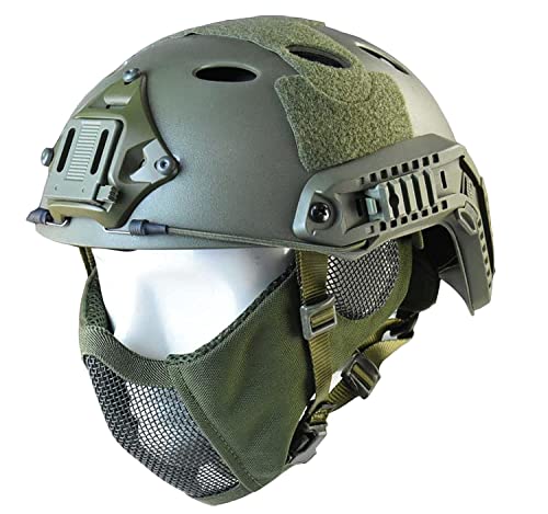 Jadedragon Tactical Foldable Half Face Airsoft Mesh Mask with Ear Protection and Tactical Airsoft Fast Helmet Adjustable H-Nape Helmet Chin Strap Large Size for Older Teenager or Adult (Green)