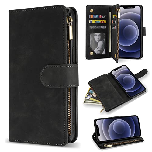 ZZXX iPhone 12 Case Wallet,iPhone 12 Pro Wallet Case with Card Slot Premium Soft PU Leather Zipper Flip Folio Wallet with Wrist Strap Kickstand Protective for iPhone 12 Wallet Case(Black 6.1 inch)
