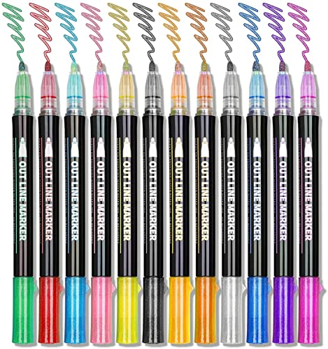 Double Line Markers Outline Pens, Super Squiggles Glitter Outline Marker Set, 12 Colors Doodle Shimmer Pen for Card Making, DIY Art Drawing, Lettering, Craft Project