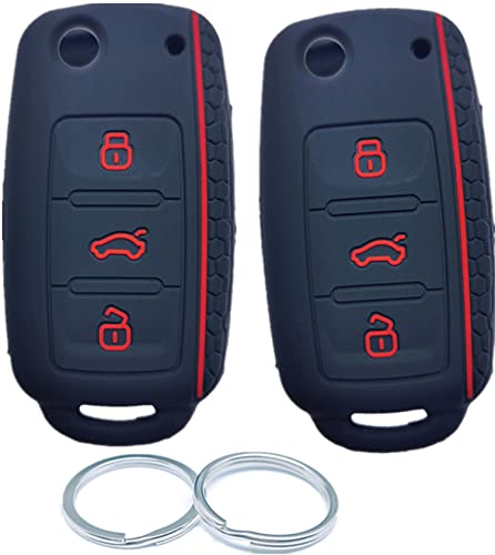 RUNZUIE 2Pcs 3 Buttons Silicone Folding Flip Remote Key Fob Cover Protector Shell Compatible with VW Volkswagen Beetle Golf Eos CC Jetta Passat Rabbit Eurovan Tiguan Touareg Black with Red