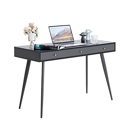 WILLIAMSPACE Mid Century Modern Desk, 47″ Home Office Workstation with 3 Drawers, Wooden Computer Desk Student Writing Table with Metal Legs, Easy Assembly (Black + Dark Grey)