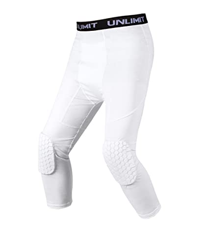 Unlimit Youth Basketball Pants with Knee Pads, 3/4 Capri Compression Pants for Boys. (White, L: for 11-13 yrs)