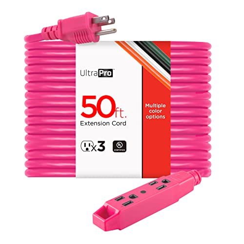 UltraPro 50 Ft Extension Cord, 3-Outlet Power Strip, Double Insulated, Grounded, Heavy Duty, 16 Gauge, General Purpose, UL Listed, Hot Pink, 50816
