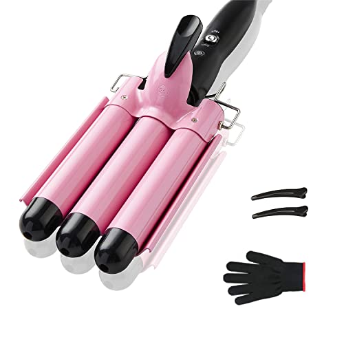 3 Barrel Curling Iron Hair Crimper , TOP4EVER 25mm（1 inch ）Professional Hair Curling Wand with Two Temperature Control ,Fast Heating Portable Crimpers for Waving Hair (Pink)