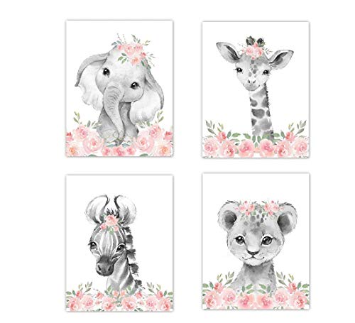 Baby Girl Nursery Wall Art Blush Floral Crown Safari Animals Elephant Giraffe Lion Zebra Decor 4 UNFRAMED PRINTS