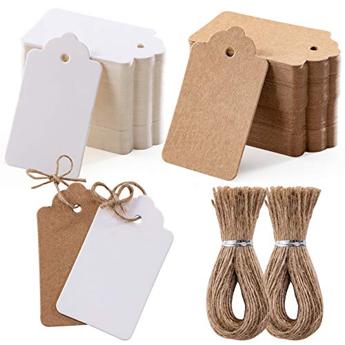 Homum 200pcs Premium Gift Tags with String – 100pcs White Gift Tags and 100pcs Brown Gift Tags, Double-Sided Available Price Tags, Jewelry Tags for Wedding Christmas Day Thanksgiving