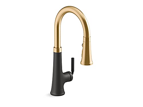 KOHLER 23764-BMB Tone Kitchen Sink Faucets with Pull Down Sprayer, Matte Black with Moderne Brass