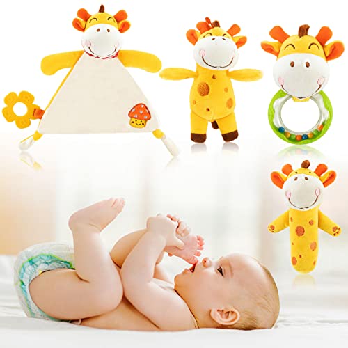 Plush Baby Rattle Toys, 4 PCS Infants Plush Stuffed Animal Rattle Shaker Set, Soft Appease Towel Teether Toys Early Educational Development for 3 6 9 12 Month, 1 Year Old Girls, Boys(Giraffe)