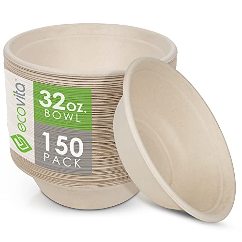 Ecovita 100% Compostable Paper Bowls [32 oz.] – 150 Disposable Bowls Eco Friendly Sturdy Tree Free Liquid and Heat Resistant Alternative to Plastic or Paper Bowls