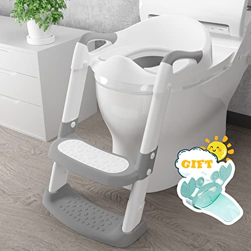 Potty Training Seat with Step Stool Ladder, Gentle Monster Toddler Potty Training Toilet for Kids Boys Girls Baby, Foldable & Comfortable Training Potty Chair Toilet for Child with Anti-Slip Pad(Grey)