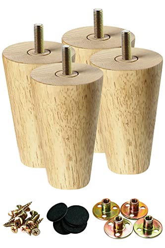 Replacement Couch Wooden Furniture Legs – 4 inch 5/16′ Bolt Round Tapered Feet for Chair, Sofa, Dresser, Ottoman, Cabinet, Coffee Table, Wood Color Set of 4