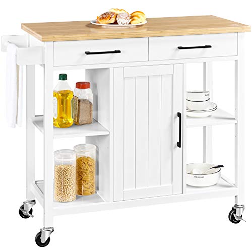 Yaheetech Kitchen Island on Lockable Wheels with 2 Storage Drawers & Bamboo Countertop, Kitchen Trolley Cart with Adjustable Shelves and Towel Bar, 38.5x18x36 Inches, White