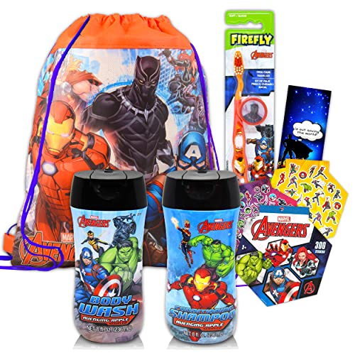 Marvel Avengers Bathroom Bundle ~ 5 Pc Avengers Bath Accessories Set Including Body Wash, Toothbrush, Stickers, and More! (Avengers Bathroom Decor)