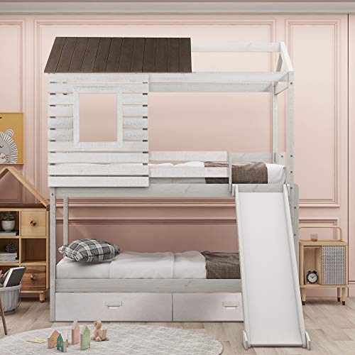 SOFTSEA Twin Over Twin Bunk Bed with Slide and Two Storage Drawers, House-Shaped Wooden Bunk Beds for Kids Teens (Antique White)