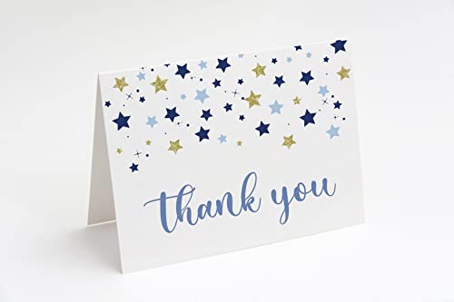 Twinkle Little Star Thank You Card Over the Moon Baby Shower Folding Notes Blue Gold Boys It’s a Boy Confetti Glitter Sparkle Printed Cards (50 Count)