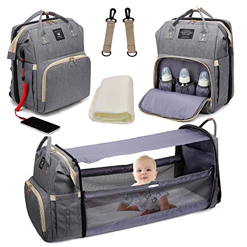 Lamroro Diaper Bag Backpack, Baby Nappy Changing Bags Multifunctional Travel Backpack, Large Capacity, Waterproof, Sunshade, Built-in USB Charging Port Stylish Grey