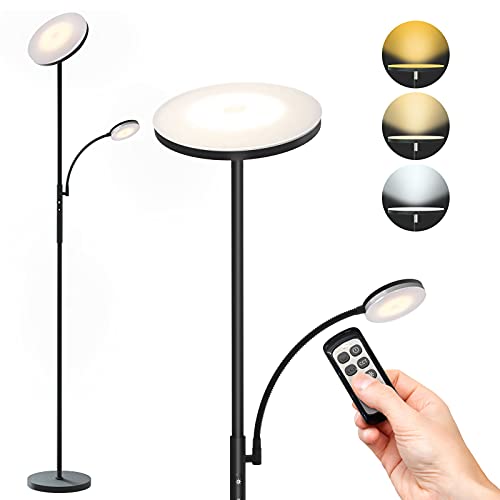 Floor Lamp, ZSCOO Modern LED Floor Lamps for Living Room, Bedroom, Office, 27W Main Light and 7W Side Reading Lamp, 3 Color Temperatures Torchiere with Remote & Touch Control (Black)