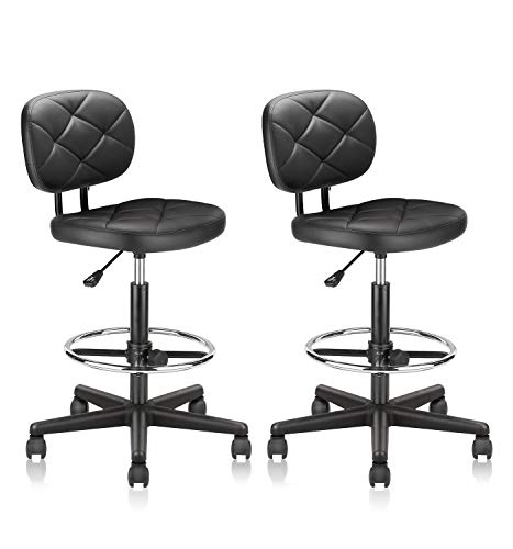 KLASIKA Tall Drafting Rolling Stool Chair with Low Back Support and Adjustable Foot Rest Ring Set of 2 PU Leather Vinly Wide Seat Swivel Standing Desk Chair for Office Home 2 Pack