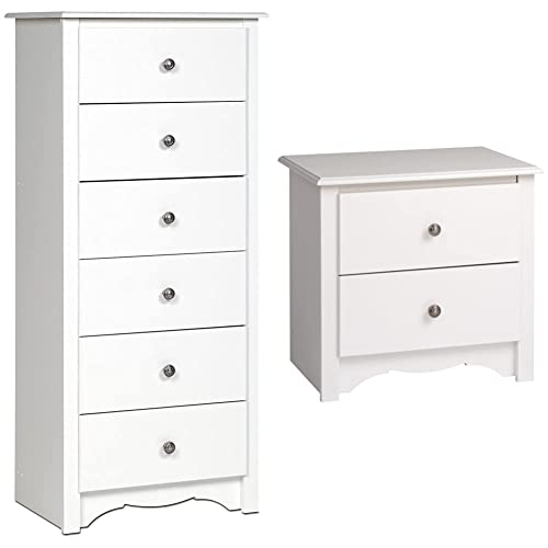 Prepac Monterey 6 Drawer Tall Chest for Bedroom, Dresser, 17.75″ D x 23.25″ W x 53″ H, White & Sonoma 2-Drawer Nightstand, White