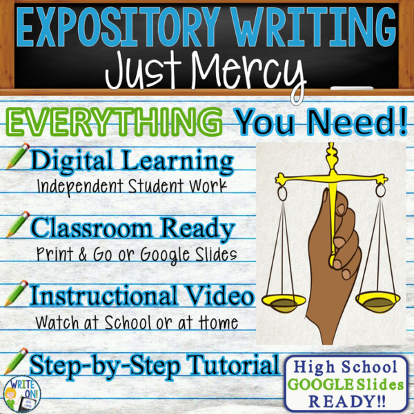 Text Analysis Expository Just Mercy by Bryan Stevenson | Distance Learning, Remote Learning, In Class, Instructional Video, PPT, Worksheets, Rubric, Graphic Organizer, Google Slides