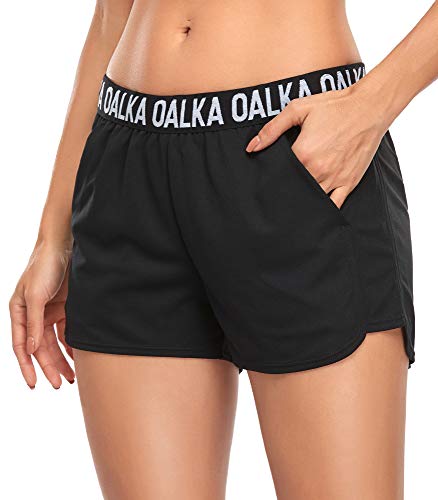 Oalka Women’s Running Shorts Workout Athletic Fitness Side Pockets Gym Shorts Black M